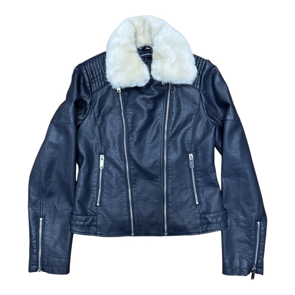 French Connection Leather Jacket Black and White Faux Fur Collar